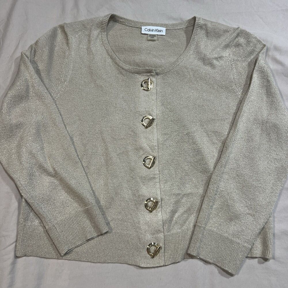 Calvin Klein Women’s Metallic Shimmer Cardigan Gold D-Ring Buttons Size Large